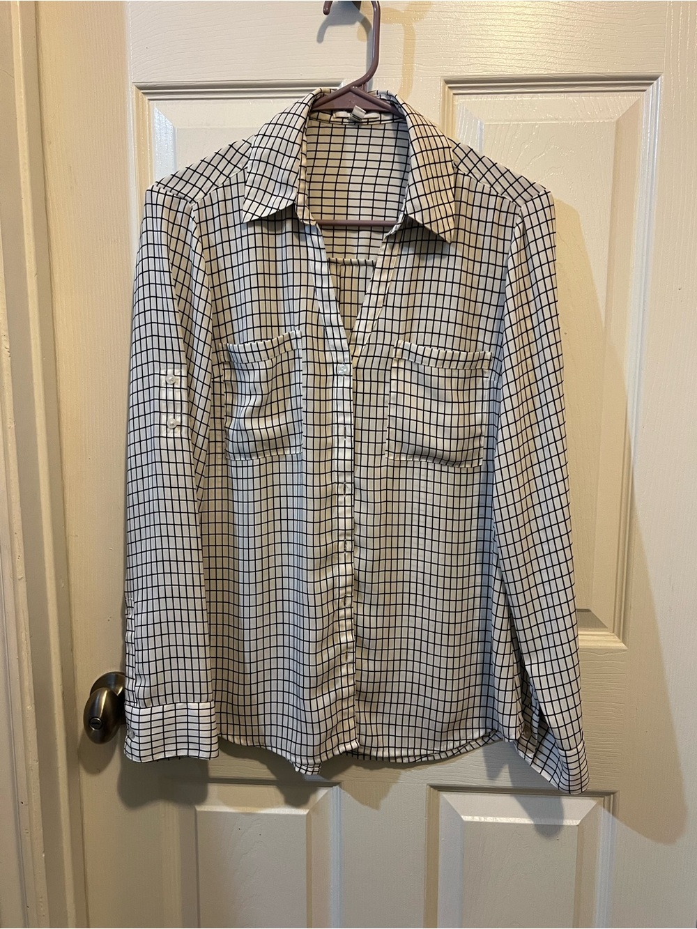 Women's White Button-Down Shirt with Black Windowpane Check